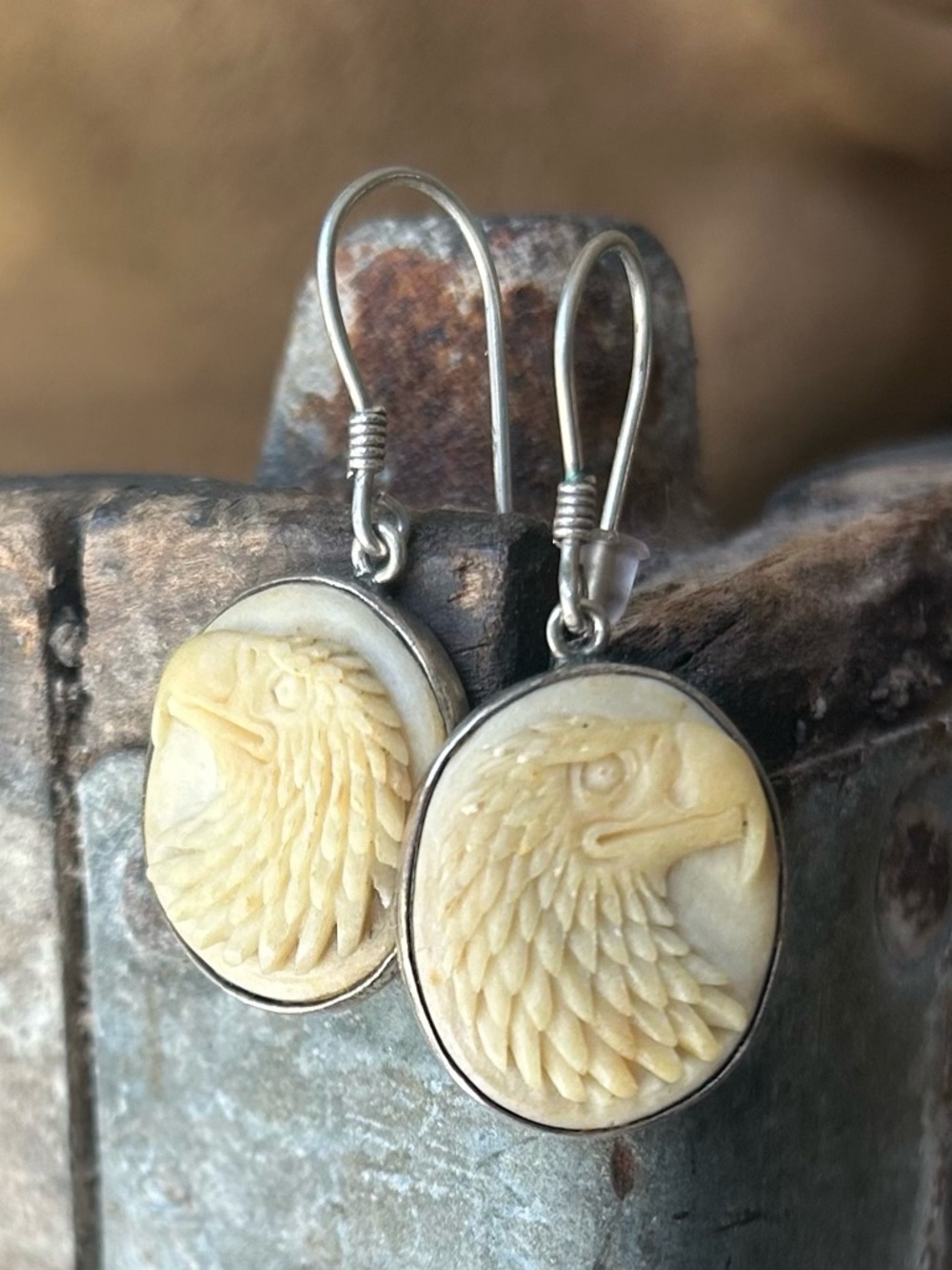 Antique Sterling Carved Cameo Earrings